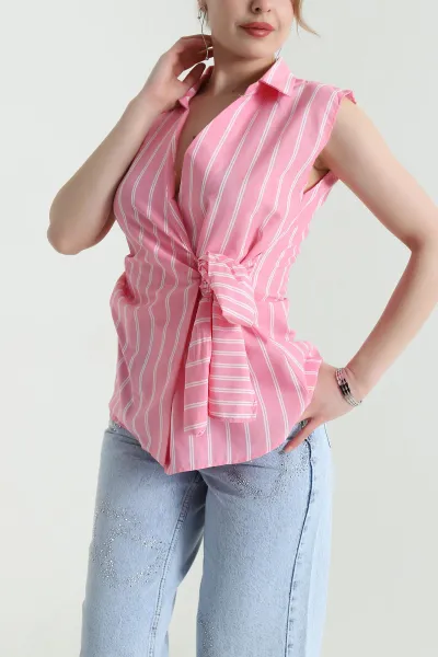Pembe Çizgili Poplin Kolsuz Kadın Bluz 452926