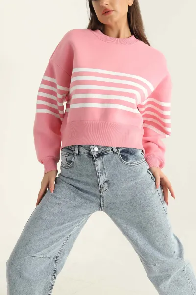 Pembe Çizgili Şardonlu İki İp Bayan Sweat 303893