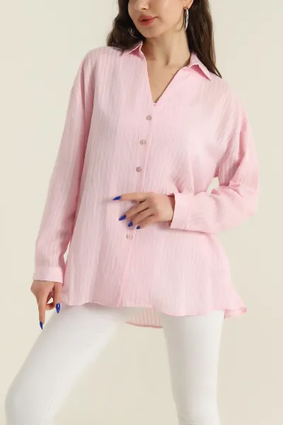 Pembe Çizgili Şönil Vual Kadın Gömlek 425489