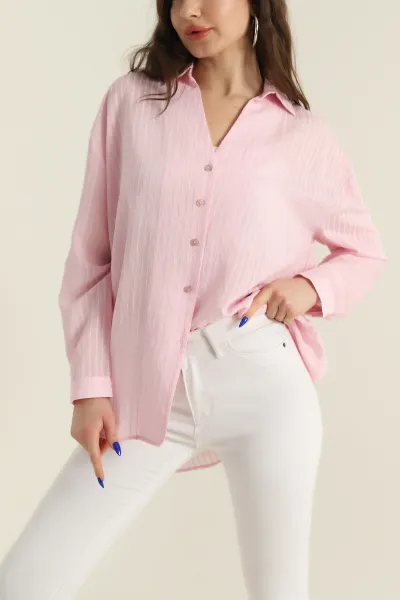 Pembe Çizgili Şönil Vual Kadın Gömlek 425489