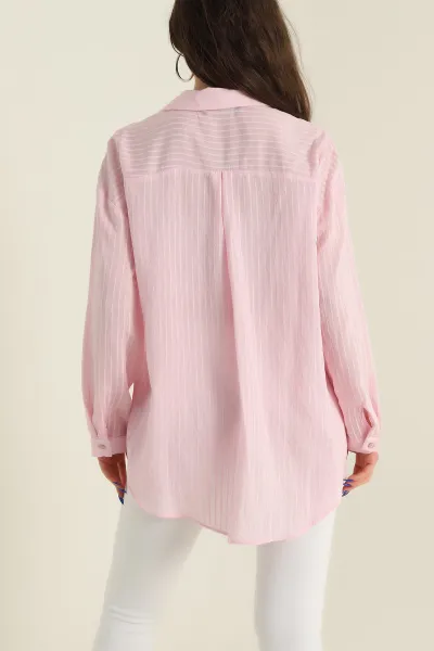 Pembe Çizgili Şönil Vual Kadın Gömlek 425489