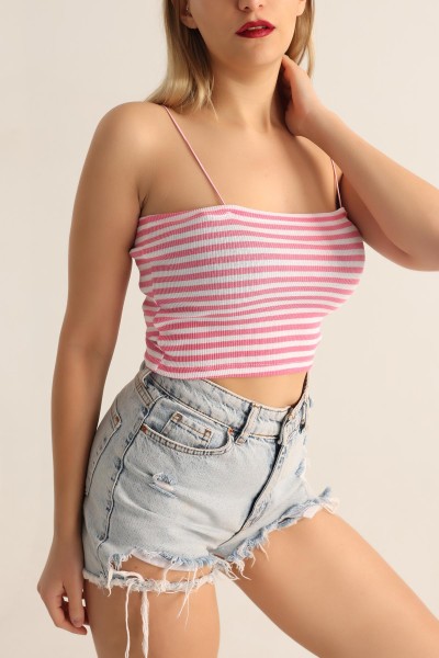 Pembe Çizgili Tasarım Crop Üst 178134