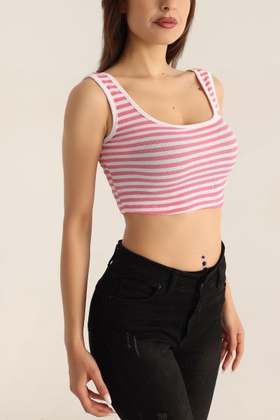Pembe Çizgili Tasarım Crop Üst 178141
