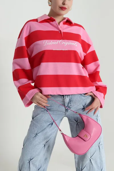 Pembe Çizgili Üç İp Kadın Sweat 491706