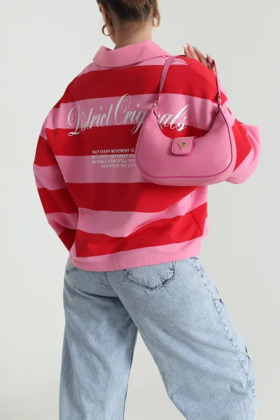 Pembe Çizgili Üç İp Kadın Sweat 491706