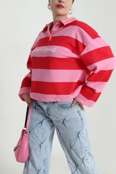 Pembe Çizgili Üç İp Kadın Sweat 491706