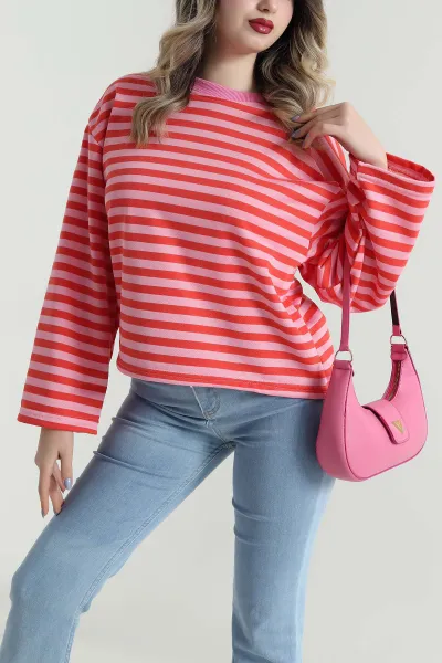 Pembe Çizgili Üç İp Kadın Sweat 495928