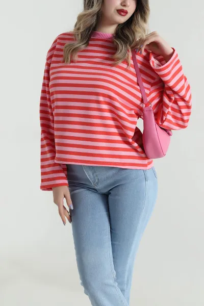 Pembe Çizgili Üç İp Kadın Sweat 495928