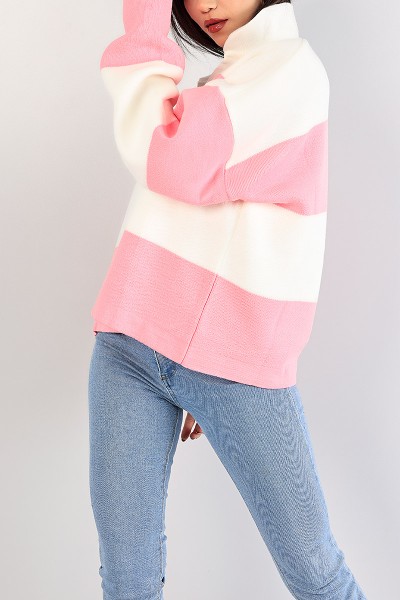 Pembe Çizgili Yakalı Bayan Triko Kazak 84015