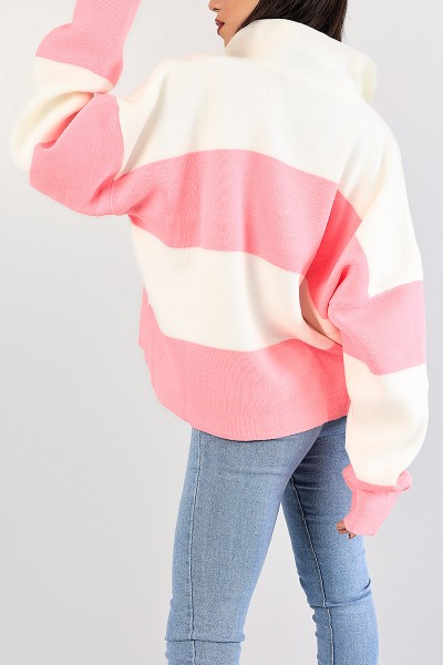 Pembe Çizgili Yakalı Bayan Triko Kazak 84015