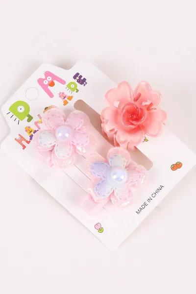 Pembe Çoklu Çiçek Model  Mandal ve Pens  Çocuk  Toka Seti 474109