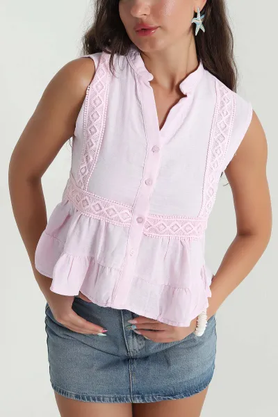 Pembe Dantel Detay Kolsuz Müslin Kadın Gömlek 471423