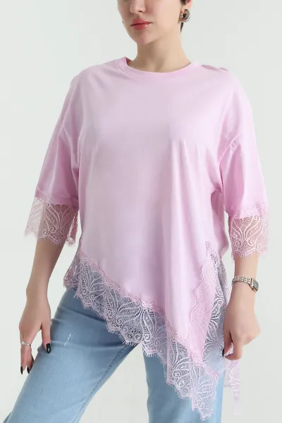 Pembe Dantel Detay Süprem Kadın Bluz 452551