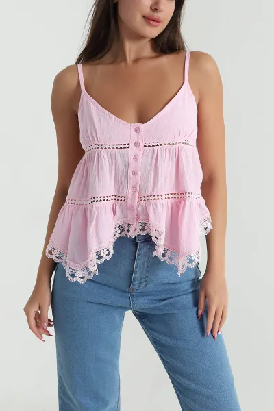 Pembe Dantel Düğmeli Keten Kadın Crop 471731