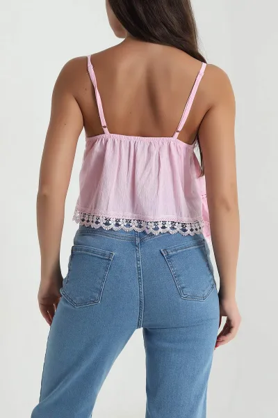 Pembe Dantel Düğmeli Keten Kadın Crop 471731