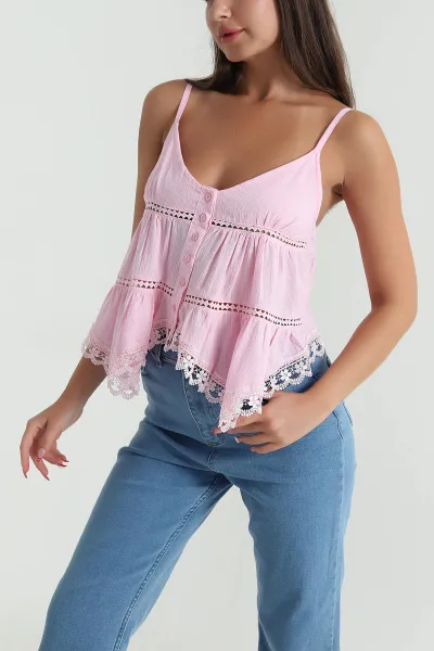 Pembe Dantel Düğmeli Keten Kadın Crop 471731