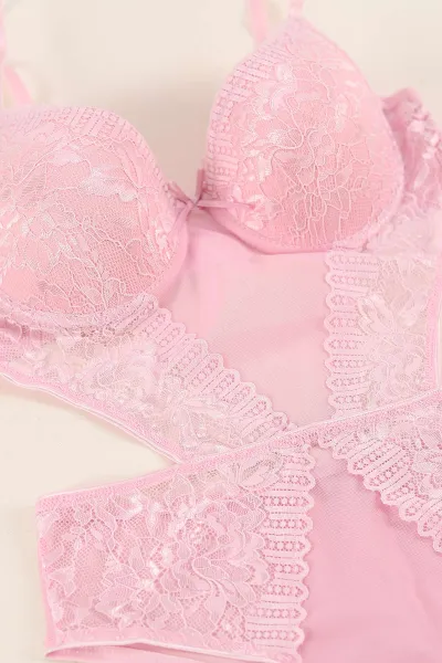 Pembe Dantel İşlemeli Desteksiz Bodysuit 374870