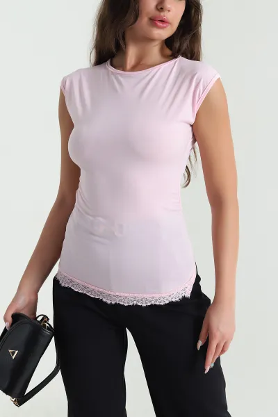 Pembe Dantelli Büzgülü Likralı Sandy Kadın Bluz 469485
