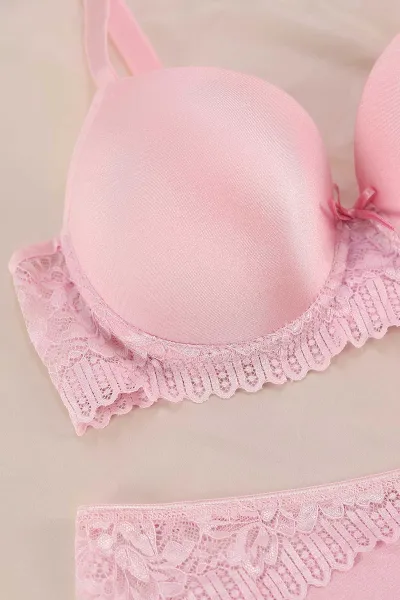 Pembe Dantelli Desteksiz C Cup Mikro Sütyen Takımı 365941