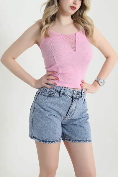 Pembe Dantelli Fitilli Kadın Bluz 456131