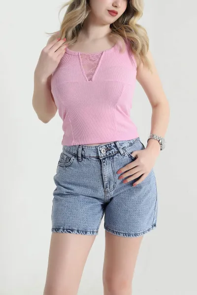 Pembe Dantelli Fitilli Kadın Bluz 456131