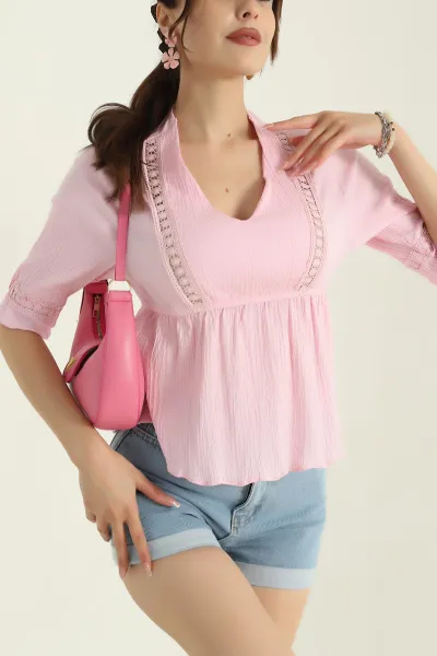 Pembe Dantelli Gofre Kadın Bluz 373826