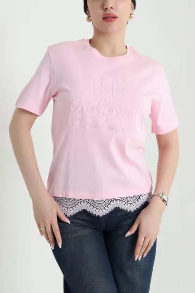Pembe Dantelli İnterlok Kadın Bluz 457620