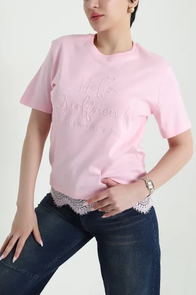 Pembe Dantelli İnterlok Kadın Bluz 457620