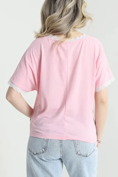 Pembe Dantelli Likralı Viskon Kadın Bluz 456249