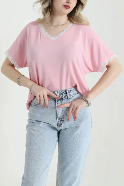 Pembe Dantelli Likralı Viskon Kadın Bluz 456249