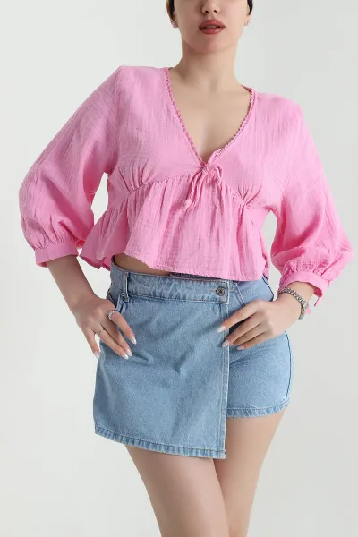Pembe Dantelli Müslin Keten Kadın Bluz 449016