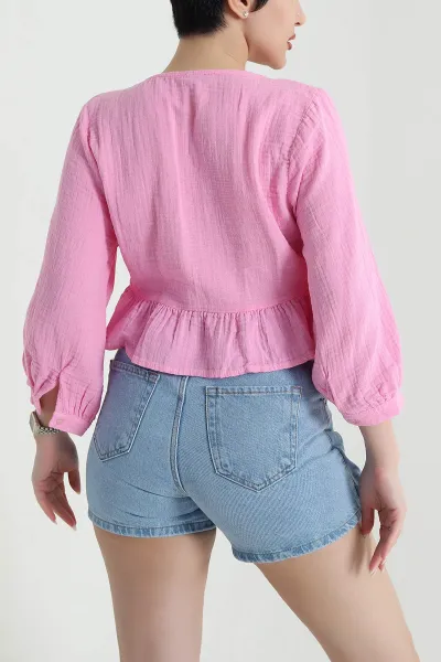 Pembe Dantelli Müslin Keten Kadın Bluz 449016
