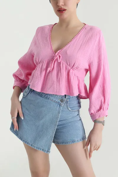 Pembe Dantelli Müslin Keten Kadın Bluz 449016