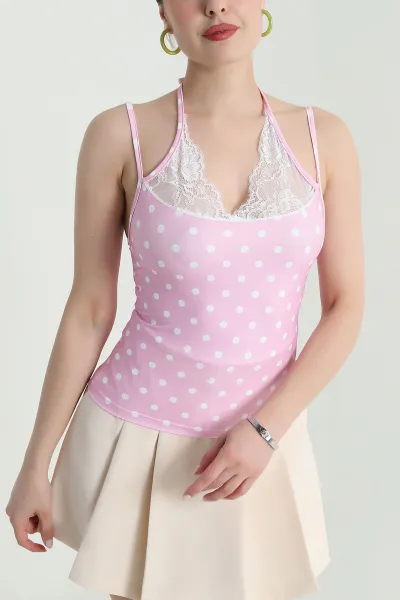 Pembe Dantelli Puantiyeli Scuba Kadın Bluz 471643