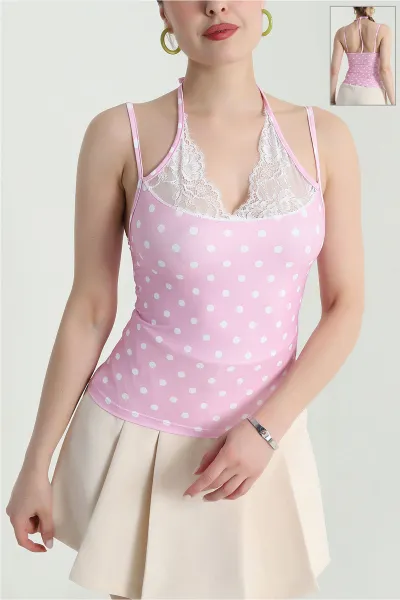 Pembe Dantelli Puantiyeli Scuba Kadın Bluz 471643
