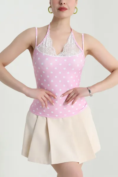 Pembe Dantelli Puantiyeli Scuba Kadın Bluz 471643