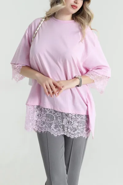 Pembe Dantelli Sırt Detay Süprem Kadın Bluz 465309