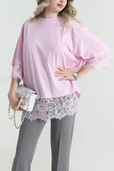 Pembe Dantelli Sırt Detay Süprem Kadın Bluz 465309