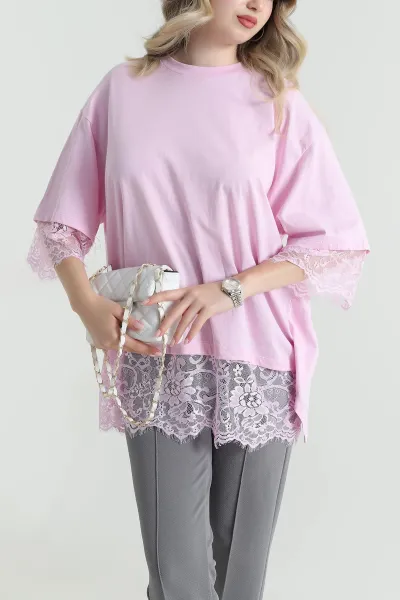 Pembe Dantelli Sırt Detay Süprem Kadın Bluz 465309