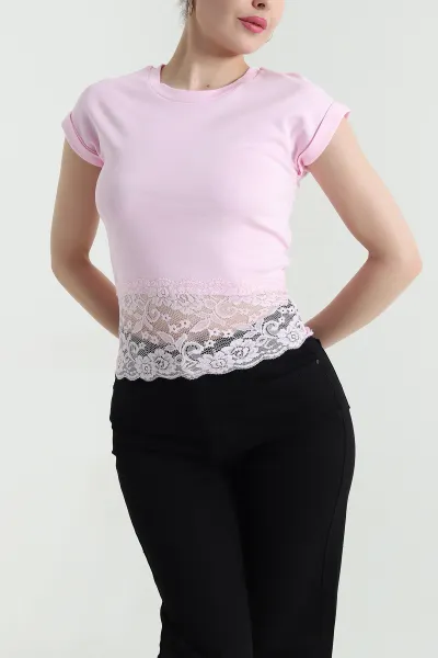 Pembe Dantelli Süprem Kadın Tişört 447207
