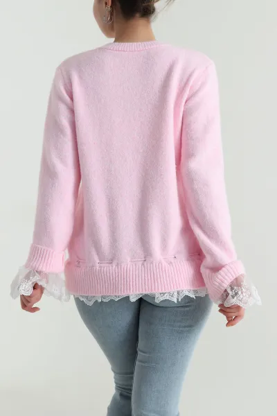 Pembe Dantelli Tasarım Kadın Triko Hırka 497773