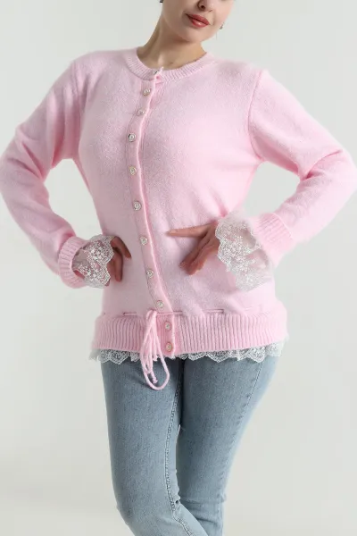 Pembe Dantelli Tasarım Kadın Triko Hırka 497773