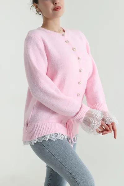 Pembe Dantelli Tasarım Kadın Triko Hırka 497773