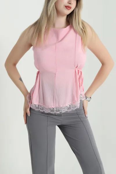 Pembe Dantelli Tasarım Kolsuz Kadın Bluz 469209