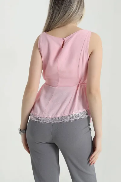 Pembe Dantelli Tasarım Kolsuz Kadın Bluz 469209