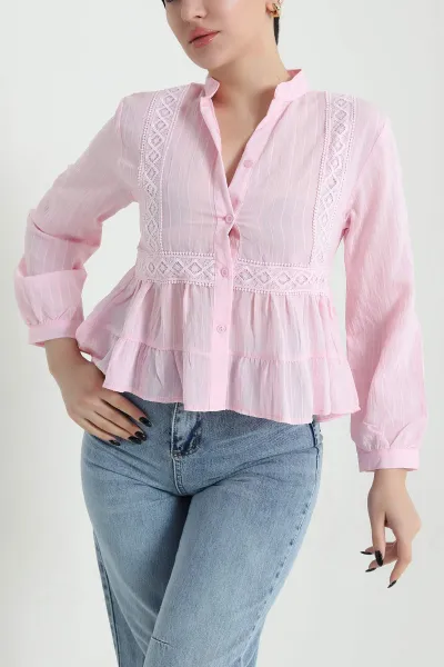 Pembe Dantelli Tencel Kadın Gömlek 455175