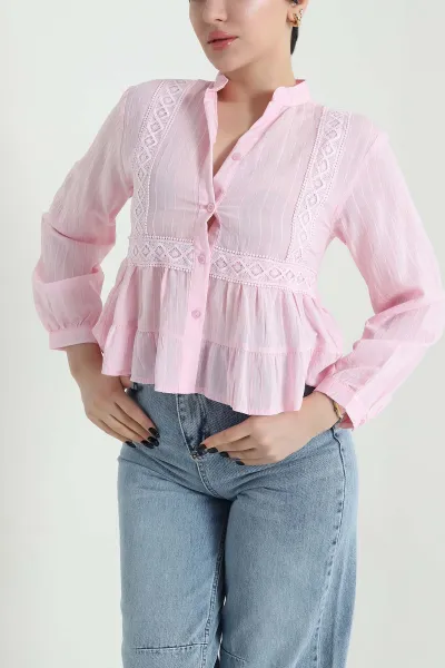 Pembe Dantelli Tencel Kadın Gömlek 455175