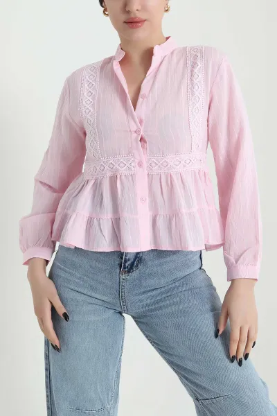 Pembe Dantelli Tencel Kadın Gömlek 455175