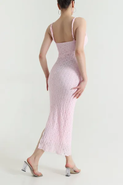 Pembe Dantelli Tül Kadın Elbise 472820