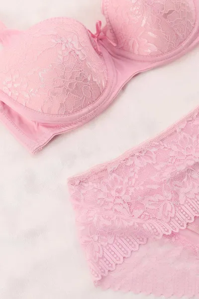 Pembe Dantelli Tüllü C Cup Desteksiz Sütyen Takımı 393469